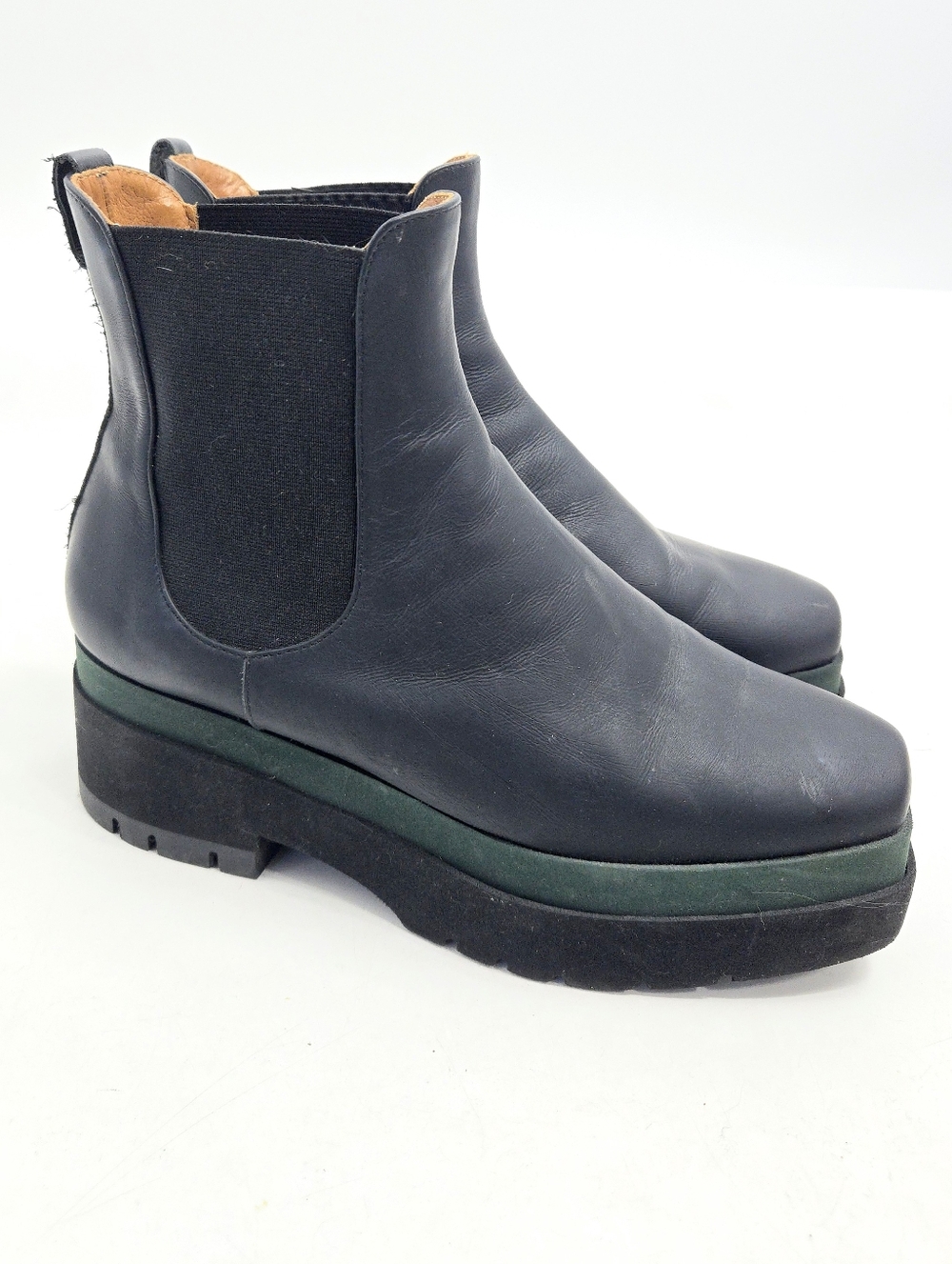 COCLICO Black Leather Chelsea Platform Ankle Boots with Green Accent